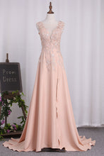 Load image into Gallery viewer, 2024 A Line Elastic Satin Straps Prom Dresses With Slit Sweep Train