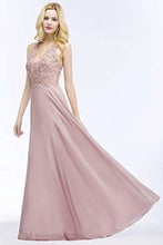 Load image into Gallery viewer, Lace Chiffon Prom Dresses Beading Applique A Line V Neck Evening Dresses