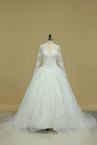 2024 V Neck Long Sleeves Wedding Dresses With Applique Organza Open Back