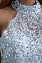 Load image into Gallery viewer, Charming Mermaid Halter Silver Sequins Prom Dresses with Appliques, Party SRS20401