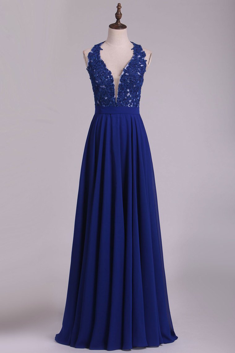 2024 Chiffon V Neck A Line With Applique And Beads Prom Dresses Open Back