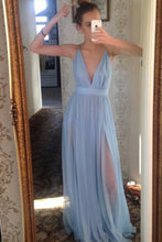 Load image into Gallery viewer, Flowy Long V-Neck Spaghetti Straps Simple Elegant Sky Blue Prom Dresses