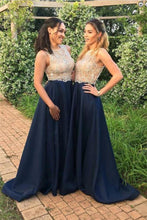 Load image into Gallery viewer, Modest Navy Long A-Line Beading A-Line Prom Dresses Bridesmaid Dresses