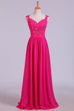 Load image into Gallery viewer, 2024 V-Neck A-Line/Princess Prom Dress With Beads &amp; Applique Tulle And Chiffon