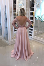 Load image into Gallery viewer, 2024 Boat Neck Long Sleeves Prom Dresses A Line Chiffon With Applique And Beads