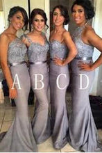 Load image into Gallery viewer, 2024 Mermaid Elastic Satin Bridesmaid Dresses With Applique And Sash Sweep Train