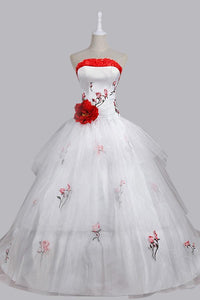 Stunning Ball Gown Strapless Wedding Dress with Embroidery Handmade Flower Lace-up RS450