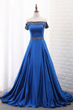 Load image into Gallery viewer, 2023 A Line Prom Dresses Boat Neck Satin With Beads Sweep Train