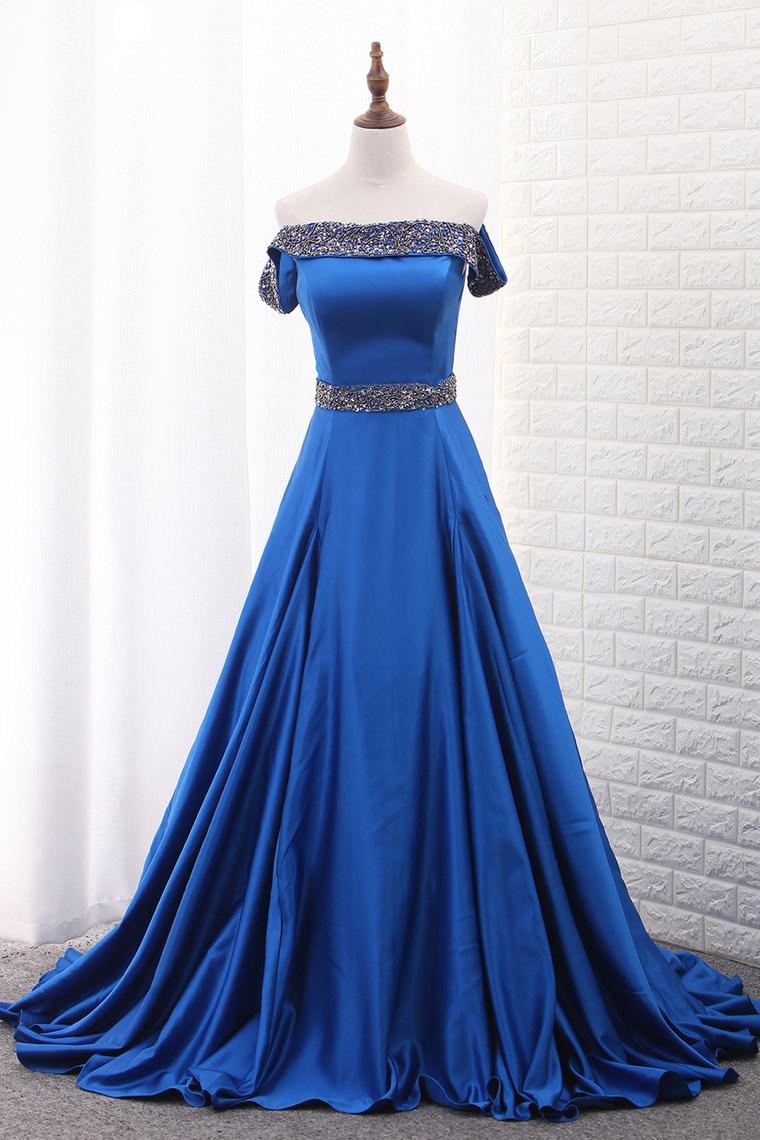 2023 A Line Prom Dresses Boat Neck Satin With Beads Sweep Train