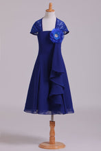 Load image into Gallery viewer, 2024 Eyelid Lace Back Flower Girl Dress A Line Chiffon &amp; Lace With Flower Dark Royal Blue