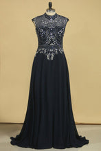 Load image into Gallery viewer, 2024 A Line High Neck Beaded Bodice Prom Dresses Open Back Chiffon