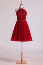 Load image into Gallery viewer, 2024 Halter Homecoming Dresses A-Line Tulle Short/Mini Beaded Bodice Burgundy/Maroon