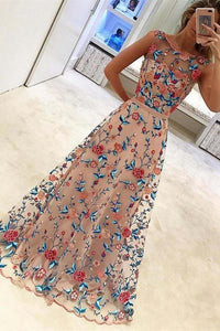Gorgeous Long A-Line Scoop Neckline Embroidered Prom Dresses Evening Dresses