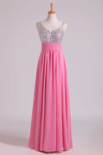 Load image into Gallery viewer, 2024 Prom Dresses A Line V Neck Chiffon With Beading/Sequins Sleeveless Floor Length