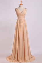 Load image into Gallery viewer, 2024 Bridesmaid Dress V Neck A Line Floor Length Chiffon With Beads