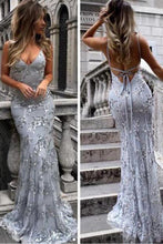 Load image into Gallery viewer, 2023 Sexy Backless Gray Sequin Lace Mermaid Long Evening Cheap Prom DressesProm Dresses