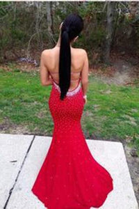 Red Halter Scoop Open Back Mermaid Sleeveless Sexy Backless Prom Dress Evening Dress BD108