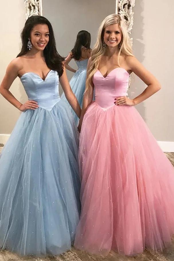 Unique Ball Gown Sweetheart Strapless Tulle Prom Dresses, Cheap Formal SRS20474