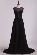 Load image into Gallery viewer, 2024 A Line Prom Dresses Scoop Chiffon With Applique And Slit Sweep Train