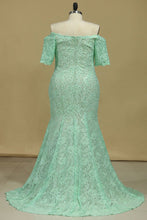 Load image into Gallery viewer, 2024 Sheath/Column Mid-Length Sleeves Bateau Lace Sweep Train Prom Dresses