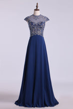 Load image into Gallery viewer, 2024 High Neck A-Line Prom Dresses Chiffon Embellished Tulle Bodice With Beads &amp; Embroidery