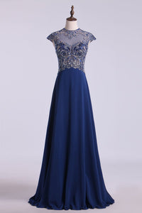 2024 High Neck A-Line Prom Dresses Chiffon Embellished Tulle Bodice With Beads & Embroidery