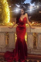 Load image into Gallery viewer, Chic Red Spaghetti Straps Mermaid V Neck Prom Dresses with Appliques, Formal Dresses SRS15571
