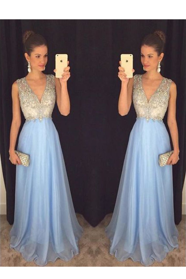 2024 V Neck Chiffon With Beading A Line Sweep Train Prom Dresses