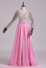 Load image into Gallery viewer, 2024 Prom Dresses V Neck Long Sleeves A Line With Beading Taffeta New
