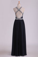 Load image into Gallery viewer, 2024 Sexy Open Back A Line Prom Dresses Chiffon With Beads And Slit