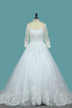 Load image into Gallery viewer, 2024 A Line 3/4 Length Sleeves Tulle Scoop Wedding Dresses With Applique