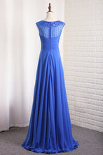 Load image into Gallery viewer, 2023 Chiffon Bateau A Line Prom Dress Ruffled And Beaded Sweep Train