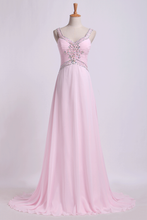 Load image into Gallery viewer, 2024 Open Back Prom Dresses Halter A Line Sweep Train Chiffon With Beads&amp;Ruffles