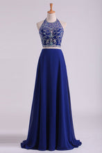 Load image into Gallery viewer, 2024 Bateau Two Pieces Prom Dresses Dark Royal Blue A Line Beaded Bodice Open Back Floor Length Chiffon &amp; Tulle
