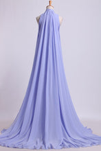 Load image into Gallery viewer, 2024 High Neck Pleated Bodice Prom Dresses A-Line Chiffon Sweep Train