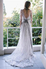 Load image into Gallery viewer, Pretty Long Open Back Half Sleeves Elegant Prom Dresses Wedding Dresses