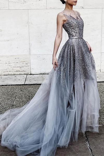 Gray tulle sequins round neck see-through long prom dress train dresses