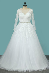 2024 Wedding Dresses Scoop A Line With Beaded Belt Tulle With Appliques Sweep Train