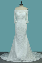 Load image into Gallery viewer, 2024 Lace Mermaid Boat Neck 3/4 Length Sleeves Wedding Dresses Sweep Train