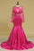 2024 Evening Dresses Mermaid Scoop Long Sleeves Elastic Satin With Applique