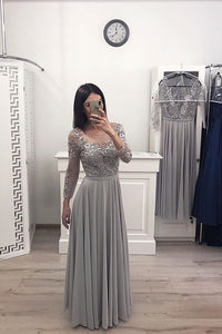 Unique Round Neck Floor Length Long Sleeves Lace Appliques Prom Dresses