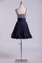 Load image into Gallery viewer, 2024 Straps A Line Mini Prom Dress Beaded Bodice With Pleated Waistband Chiffon
