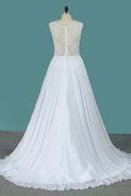 Load image into Gallery viewer, 2023 A Line Scoop Chiffon Wedding Dresses With Applique Sweep Train