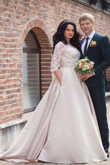 2024 A-Line Lace 3/4 Sleeve Pockets Scoop Satin Button Floor-Length Wedding Dress RS412