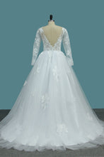 Load image into Gallery viewer, 2024 A Line Open Back Long Sleeves Scoop Wedding Dresses Tulle With Applique