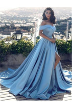 Load image into Gallery viewer, Off The Shoulder Blue Satin Long Modest Prom Dresses Evening Dresses