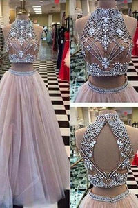 New Style Sexy Two Piece silver beaded bodice High Neck Tulle Skirts Champagne Prom Dress RS103
