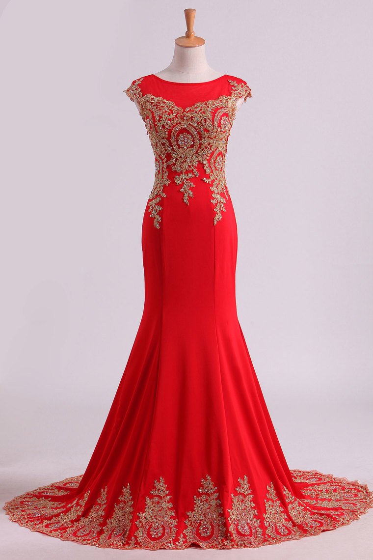 2024 Red Prom Dresses Scoop Mermaid With Applique Spandex Sweep Train