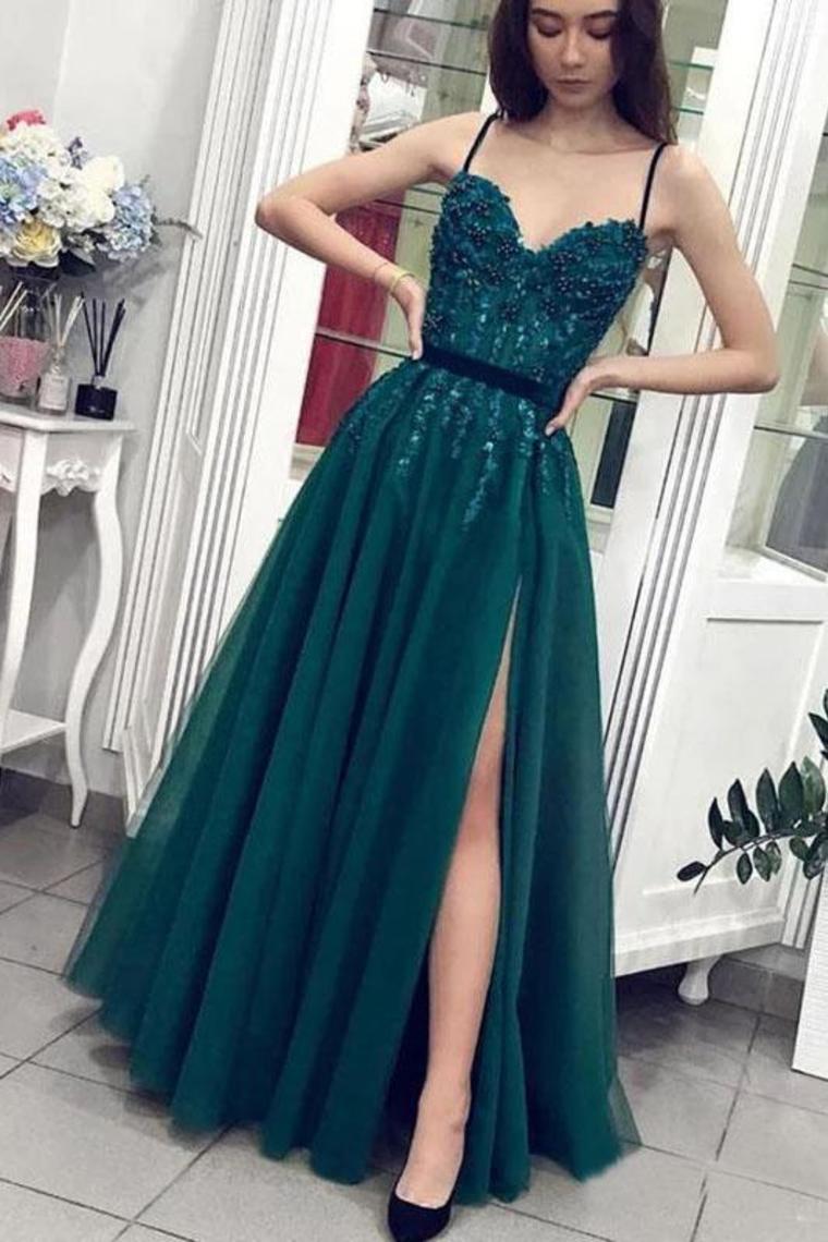 Charming A Line Tulle Spaghetti Straps Beading Prom Dresses Evening SRSP6CP4ZJB