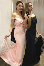 Load image into Gallery viewer, Mermaid Off the Shoulder Sweep Train Sweetheart Pink Prom Dresses with Appliques RS109